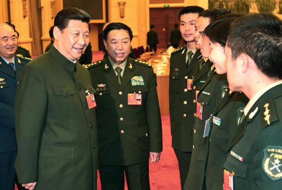 中共中央總書記、中共中央軍委主席習(xí)近平出席十二屆全國人大一次會議解放軍代表團全體會議并發(fā)表重要講話。