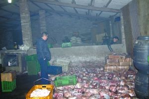  警方現(xiàn)場查獲的大量病死豬肉及“問題”腌臘制品。 沙區(qū)警方供圖