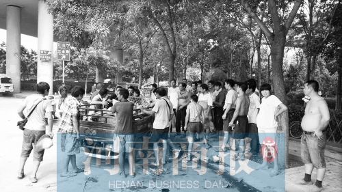 北環(huán)南陽路立交橋下，瓜農(nóng)小秦被打后，附近瓜農(nóng)紛紛圍了上來