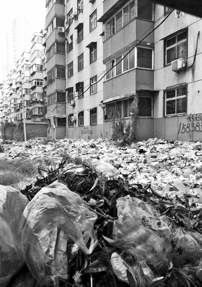 透過擋板縫向內(nèi)看，30多米垃圾已經(jīng)將居民樓包圍。