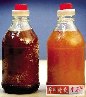 兩種油的顏色差別很大。（左為真）