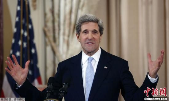 資料圖：當(dāng)?shù)貢r間2月6日，美國華盛頓，新任國務(wù)卿約翰·克里宣誓就職，副總統(tǒng)拜登出席了就職儀式。