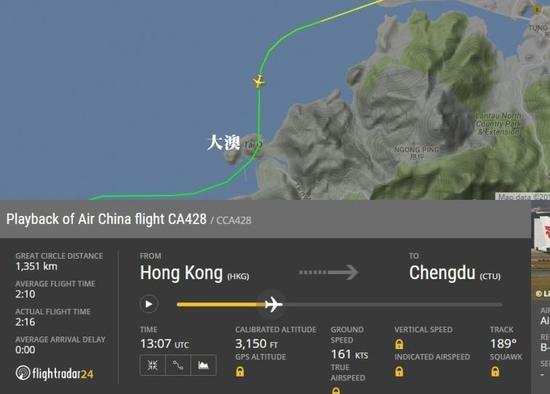  圖片來自航空網(wǎng)站flightradar24，圖顯示飛機在大澳險撞山頭