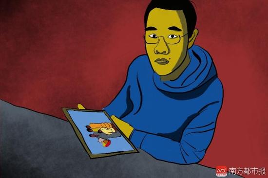 王煥凱看著一家人幸福的合照，黯然神傷，悔不當初。（畫作者：吳斌）