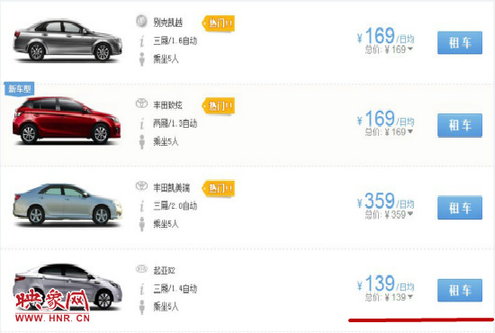 平時(shí)部分汽車租車價(jià)格。