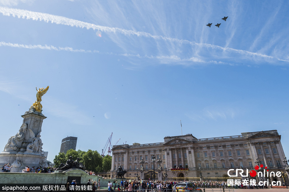 數(shù)架颶風(fēng)噴火戰(zhàn)斗機(jī)和臺(tái)風(fēng)戰(zhàn)斗機(jī)編隊(duì)飛躍白金漢宮上空，參加了紀(jì)念儀式。