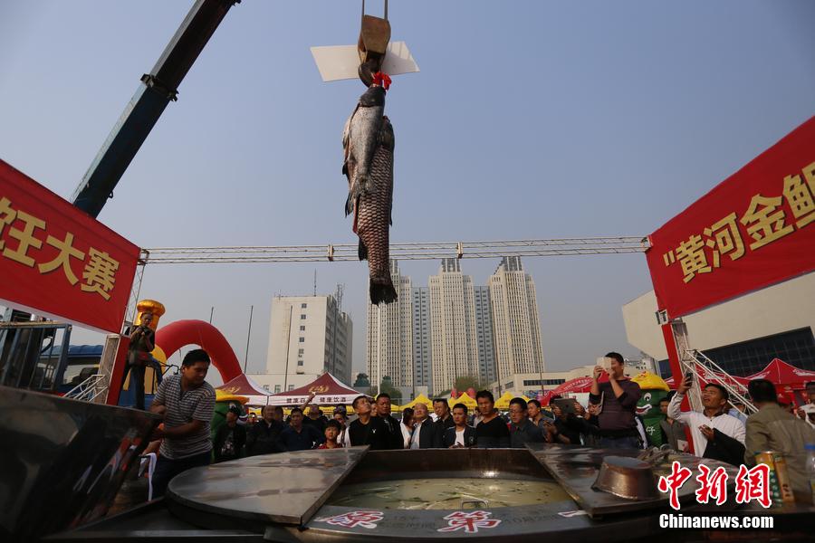 起重機(jī)吊起161.2斤魚王下鍋。 圖片來(lái)源：CFP視覺(jué)中國(guó)