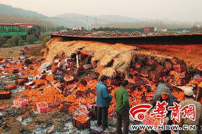 附近村民和交警一起幫厙師傅撿拾轉(zhuǎn)運散落的橘子 附近村民和交警一起幫厙師傅撿拾轉(zhuǎn)運散落的橘子