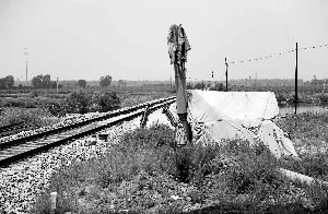 6月30日， 農戶用搭建的窩棚和電線桿阻擋了鐵路的施工。新華社發(fā)